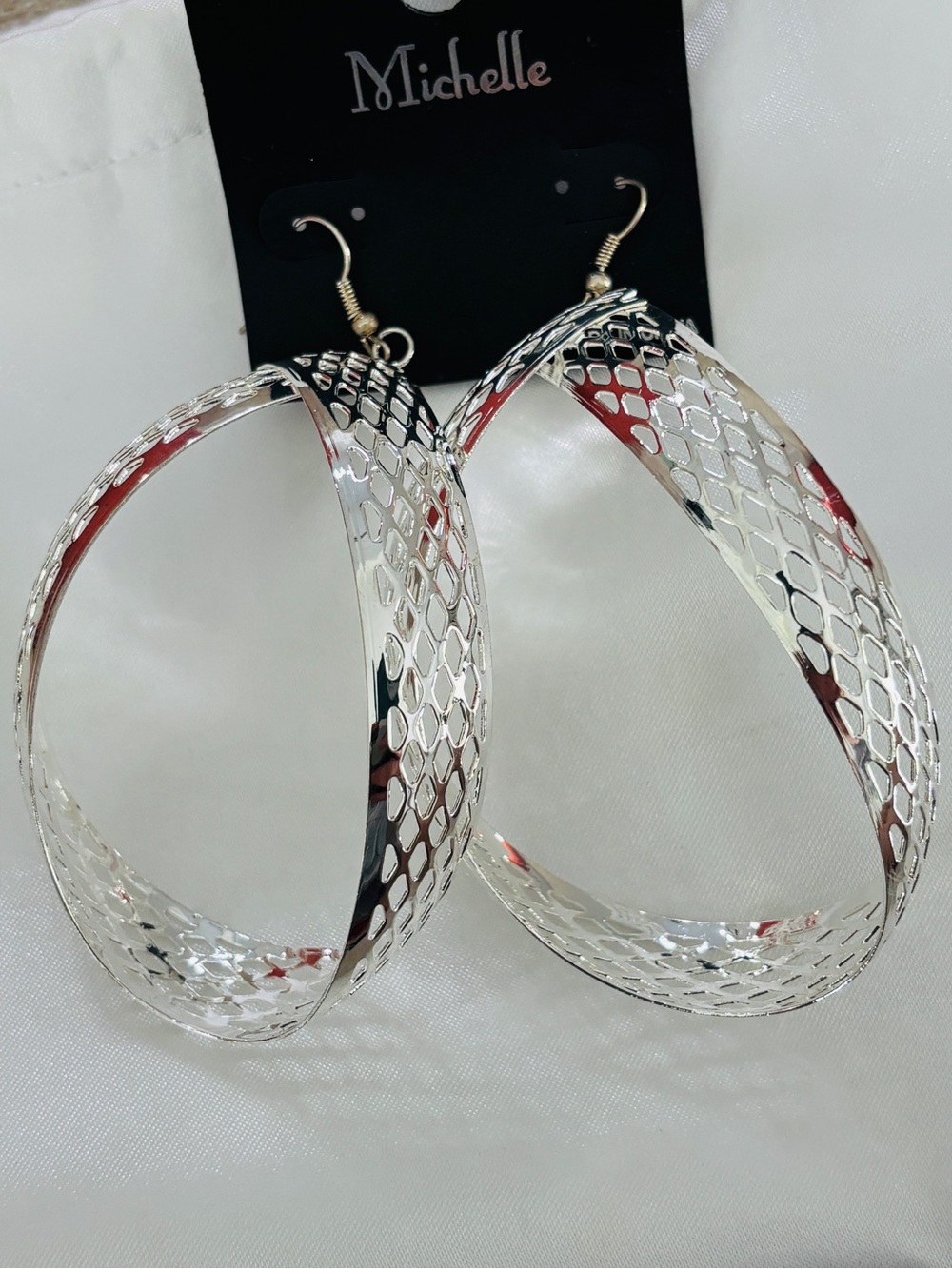 Michele Silver Twisted Hoop Earrings with Lattice Cutouts